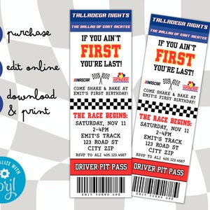 Custom "If You Ain't First" 1st Birthday Party Invite • Digital Download Template Personalized • Race Car Ticket Ricky Bobby