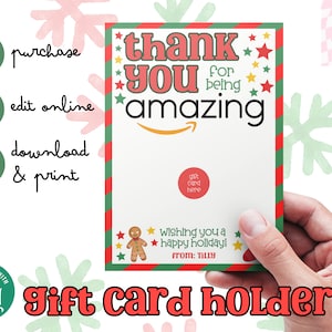 Personalized Red Green Holiday Amazon Gift Card Holder • Digital Download • Thank You Christmas Card • Present To Teacher From Student