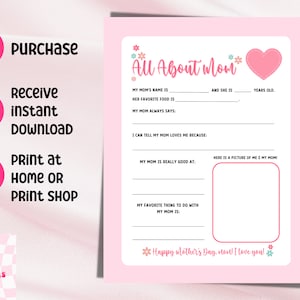 Carta floral rosa para impressão para a mãe, modelo de download digital para o dia das mães, cartas de presente de crianças para impressão dos pais
