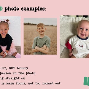 May include: Three well-lit photo examples are shown. The first features a smiling child in a black top and pink tutu. The second shows a boy with crossed arms. The third shows a baby in a white shirt with red and blue sleeves.
