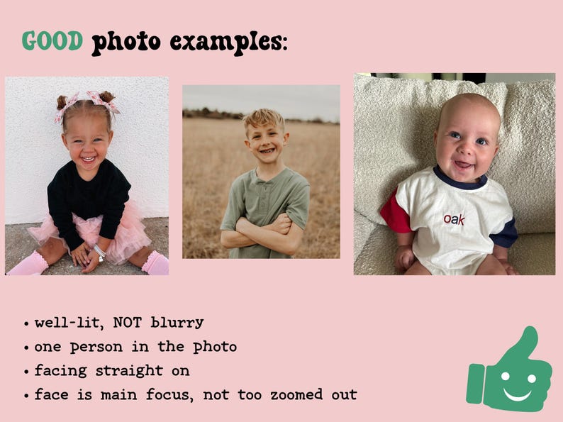 May include: Three well-lit photo examples are shown. The first features a smiling child in a black top and pink tutu. The second shows a boy with crossed arms. The third shows a baby in a white shirt with red and blue sleeves.