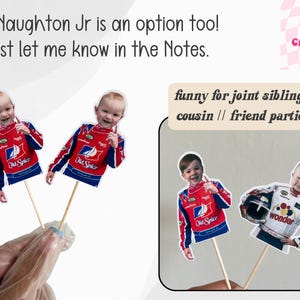 May include: Cake toppers depicting a child in a racing suit, with the text "Cal Naughton Jr is an option too!" and "funny for joint sibling // cousin // friend parties." The toppers are on wooden sticks.