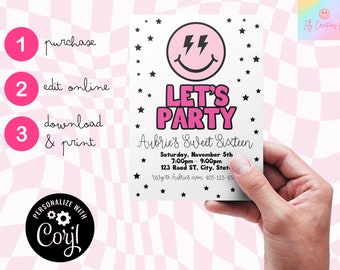 Custom Preppy Birthday Party Invite: Pink Smiley Face (Digital Download)