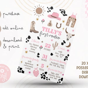 May include: A pink and brown printable poster for a first rodeo celebration. The poster features a cowgirl hat, cowboy boots, a cactus, a horseshoe, a skull, and a star. The poster includes the text "Tilly's First Rodeo", "I love", "I can", "Favorite Foods", "Favorite Books", and "Favorite Toys".