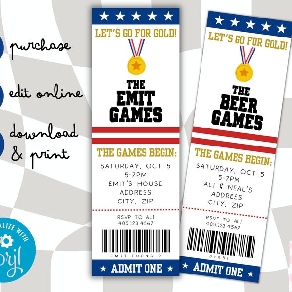 Custom Go For Gold Birthday Party Invite • Digital Download Template Personalized • Red White Blue Games Athletics Competition Beer Ticket