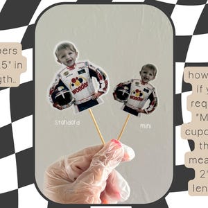 May include: Cupcake toppers depicting a child in a racing suit, available in standard (6.35 cm long) and mini (5.08 cm long) sizes. The toppers have the word "wonder" on the racing suit. The image includes text that says "toppers are 2.5" in length" and "however, if you request "Mini" cupcakes, they measure 2" in length."