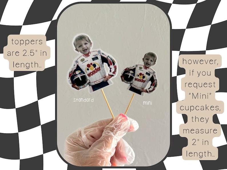 May include: Cupcake toppers depicting a child in a racing suit, available in standard (6.35 cm long) and mini (5.08 cm long) sizes. The toppers have the word "wonder" on the racing suit. The image includes text that says "toppers are 2.5" in length" and "however, if you request "Mini" cupcakes, they measure 2" in length."