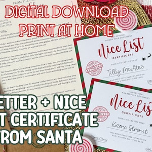 DESCARGA DIGITAL personalizable Carta de Papá Noel + Certificado de lista agradable • Carta navideña roja y verde instantánea • Acceso a múltiples rangos de edad