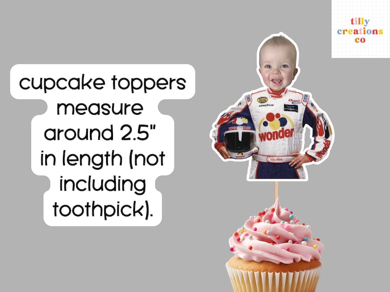 May include: A cupcake topper showing a child in a racing suit holding a helmet, placed on a cupcake with pink frosting and sprinkles. The topper is around 6.35 cm in length. Text on the image says 'cupcake toppers'.