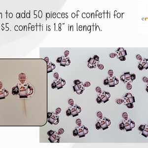 May include: Image shows baby-themed confetti, including a cupcake topper. The confetti is 4.57 cm in length and features a baby in a hockey uniform. The image also includes the text "tilly creations co."