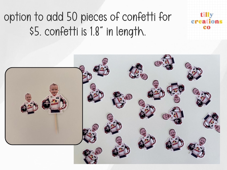 May include: Image shows baby-themed confetti, including a cupcake topper. The confetti is 4.57 cm in length and features a baby in a hockey uniform. The image also includes the text "tilly creations co."