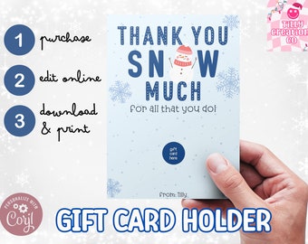 Titular de la tarjeta de regalo de muñeco de nieve azul personalizado • Descarga digital imprimible • Presente al maestro por parte del estudiante • Gracias copos de nieve azules lindas vacaciones