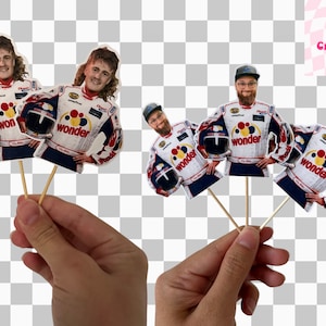May include: Paper cutouts of race car drivers on sticks. The drivers wear white, red, and blue racing suits with "wonder" on them, holding black and white helmets. The image includes the text "Tilly Creations Co".