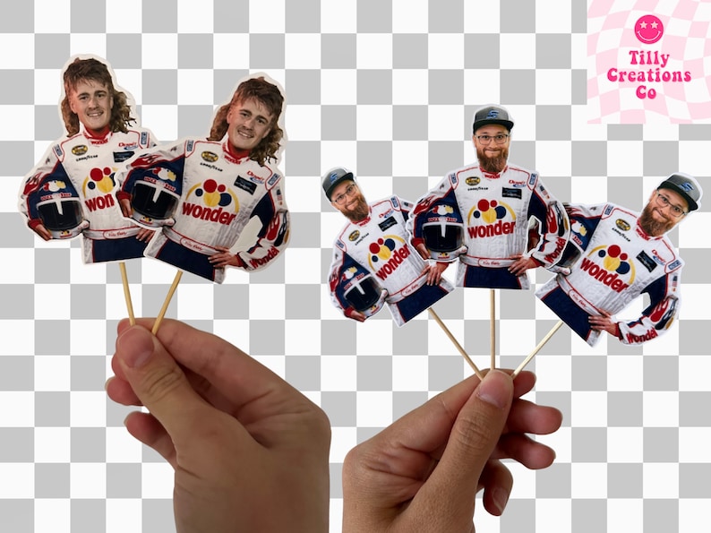 May include: Paper cutouts of race car drivers on sticks. The drivers wear white, red, and blue racing suits with "wonder" on them, holding black and white helmets. The image includes the text "Tilly Creations Co".
