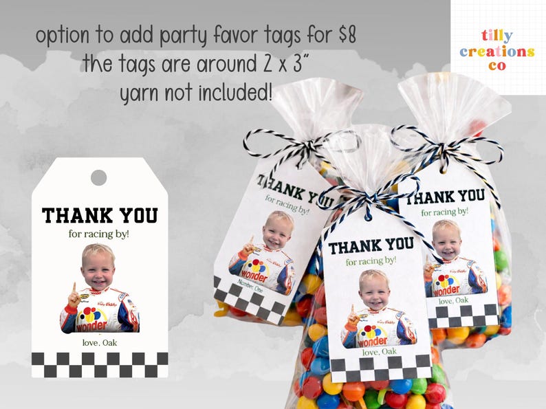 May include: Party favour bags with tags saying "THANK YOU for racing by!" and a photo of a child in a racing suit. The tags have a black and white chequered pattern. The bags are filled with colourful sweets.