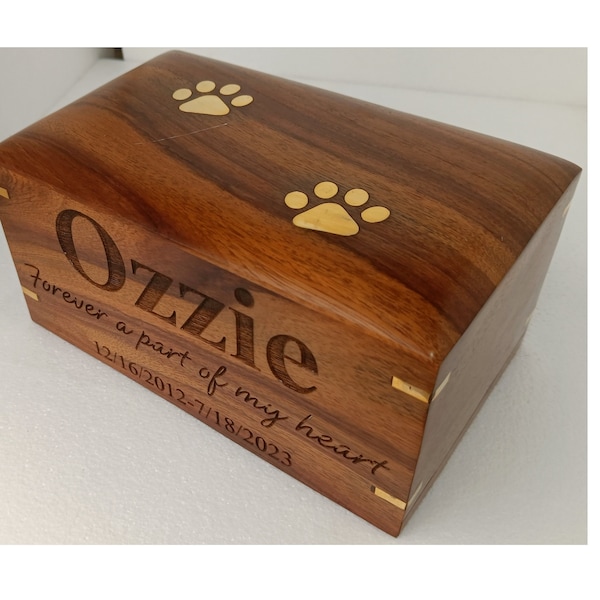 PERSONALIZED Rosewood Urn - Wooden Pet Urn for Ashes with Brass inlaid Paws