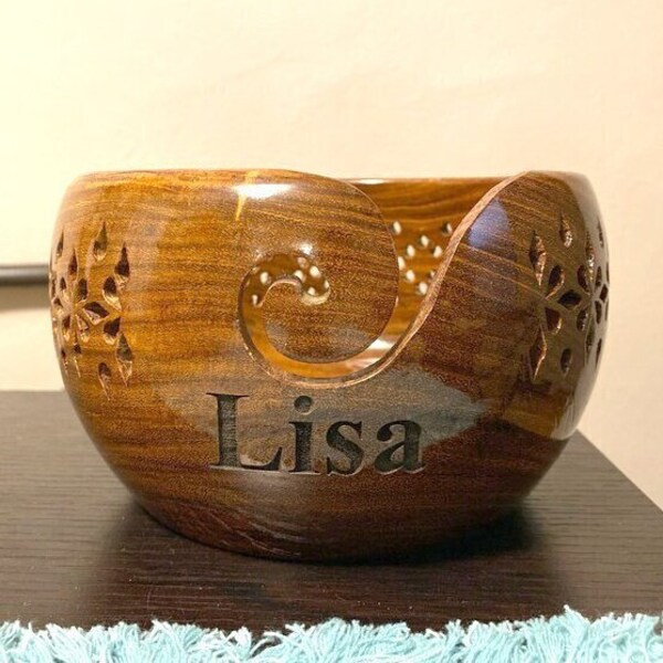 PERSONALIZED - Rosewood Crafted Wooden Yarn Storage Bowl With Carved Holes & Drills - LARGE - 7 inches x 4 inches (Thin Clear Coat)