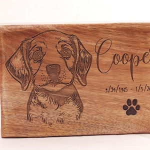 May include: A wooden box with a laser engraved image of a dog and the text "Cooper 9/24/1965 - 1/5/2024" with a paw print below the dates.