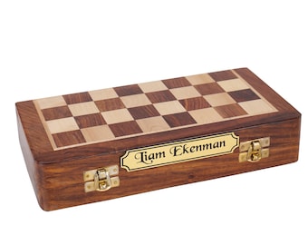 Personalized Sheesham Wood Magnetic Chess Set, Travel Folding Board