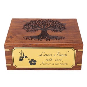 PERSONALIZED Cremation Urn for Human Ashes - Adult Tree of Life Wooden Urns with PLAQUE, Burial Urns - Engraved Funeral Burial Urn Box
