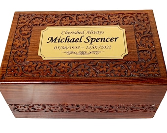 PERSONALIZED Border Engraved Rosewood Cremation Urns for Human Ashes Adult Male Female, Wooden Decorative Urns Box, Casket for Ashes, Burial