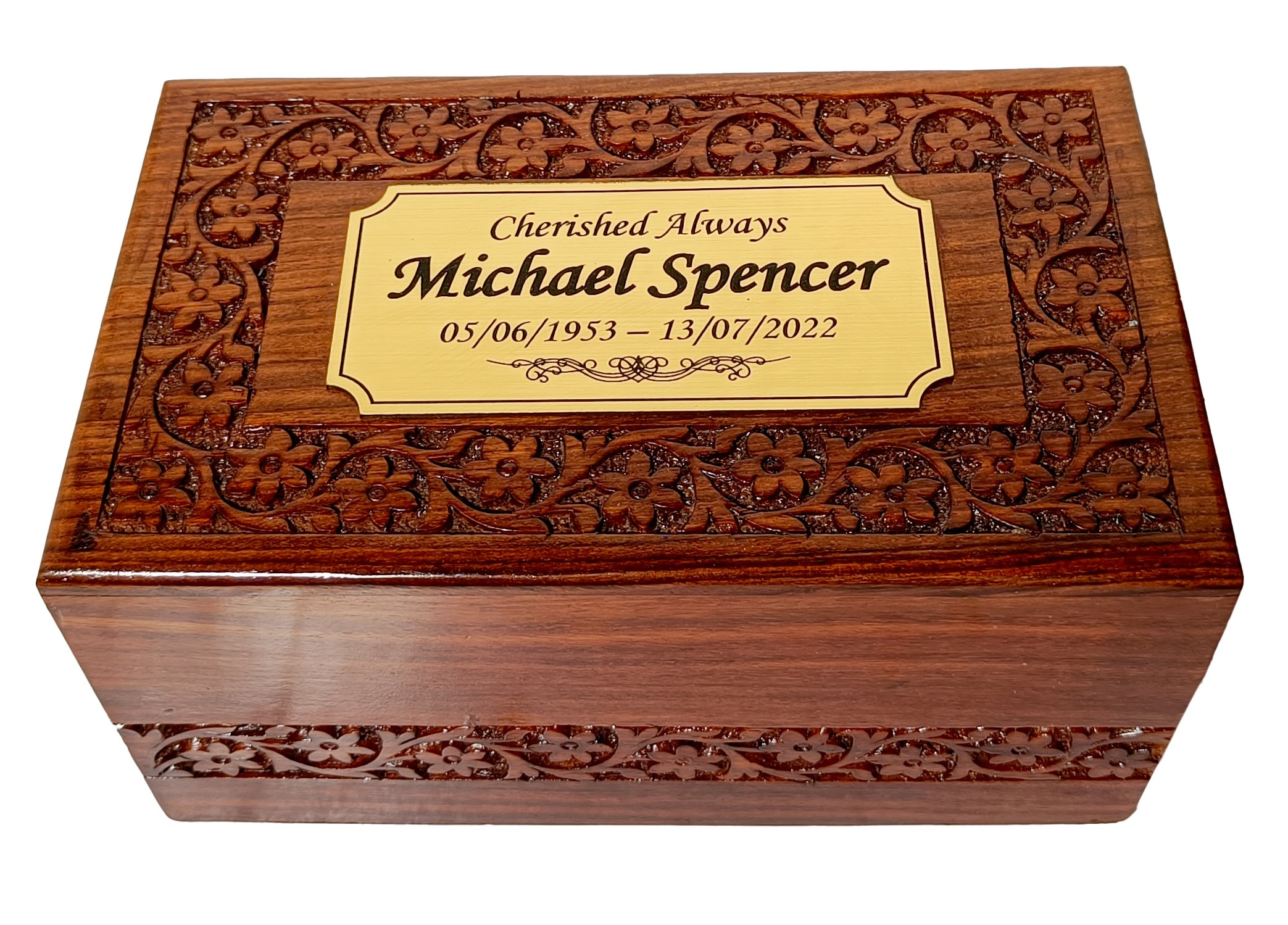 Urna funeraria personalizzata in palissandro / Design floreale intagliato, taglie per adulti - Italia