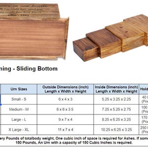 May include: A table showing the dimensions and holding capacity of different sized wooden cremation urns. The urns are available in small, medium, large, and extra large sizes. The table includes the outside and inside dimensions of each urn in inches, as well as the weight capacity in pounds and kilograms.