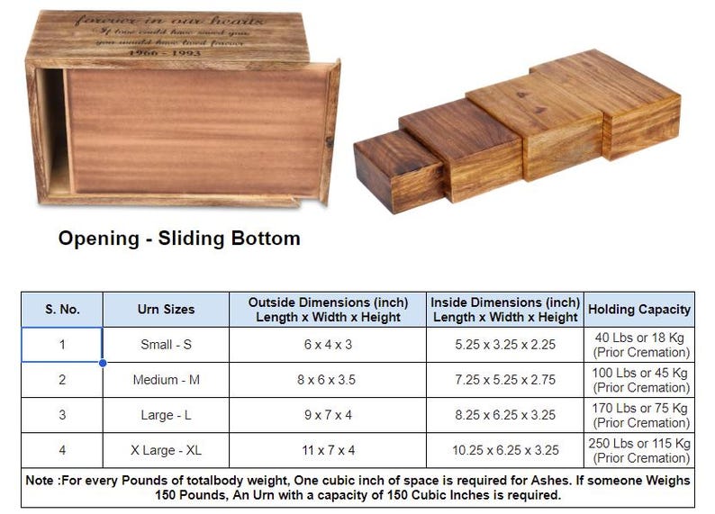 May include: A table showing the dimensions and holding capacity of different sized wooden cremation urns. The urns are available in small, medium, large, and extra large sizes. The table includes the outside and inside dimensions of each urn in inches, as well as the weight capacity in pounds and kilograms.