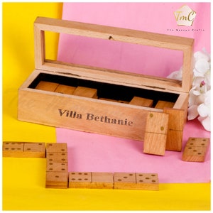 PERSONLIZED - Engraved Domino Game with 28 Brass Inlaid Domino Tiles | Handmade Dominoes Set | Domino Box | Birthday, Christmas Gift