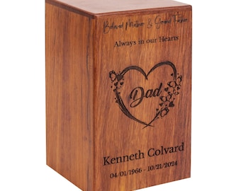 PERSONALIZED Wooden Cremation Urn for Human Ashes - Premium Rosewood Urn for Ashes Adult Male & Female - Beautiful Heart Design - Durable