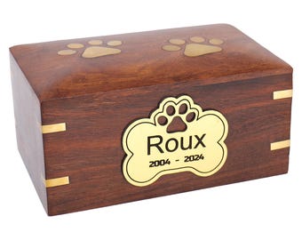 PERSONALIZED Cremation Urns for Dog Ashes - Rosewood Urn - Wooden Engraved Pet Urn for Ashes with Brass inlaid Paws - Big Woods