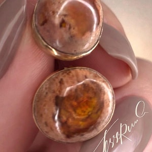 Può includere: Un paio di orecchini a lobo rotondi con pietre cabochon lucide nei toni del marrone e dell'arancione, incastonate in montature di metallo dorato. Le pietre presentano una superficie liscia e lucida con inclusioni naturali e colori caldi.
