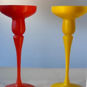 MSM Glass France Red Orange Candle Holders – Vintage 1980s Pop Art Postmodern Accent Decor