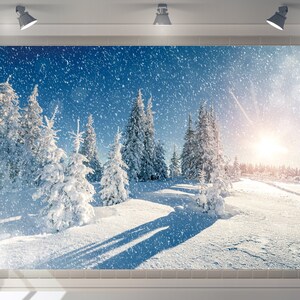 Sfondo personalizzato di neve invernale Decorazioni per feste di buon compleanno Fotografia Banner di pino con fiocchi di neve Sfondo per baby shower