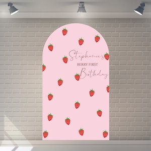 Copertina ad arco personalizzata su due lati Sfondo di fragole Sfondo di fragole Primo compleanno Sfondo di festa personalizzato per fotografia di baby shower