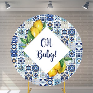 Custom Mediterranean Lemon Round Backdrop with Elastic Baby Shower Photography Main Squeeze Blue and White Porcelain Party Background