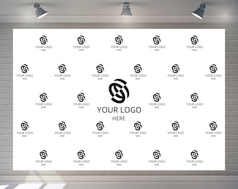 May include: White backdrop with a repeating pattern of a black logo that says "YOUR LOGO HERE".