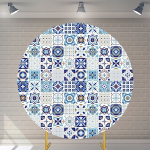 Custom Mediterranean Lemon Round Backdrop with Elastic Baby Shower Photography Main Squeeze Blue and White Porcelain Party Background