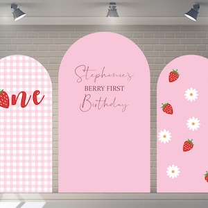 Benutzerdefinierte doppelseitige Bogen Abdeckung Erdbeere Hintergrund Geburtstag Hintergrund Baby-Dusche-Fotografie personalisierte Beere erste Party Hintergrund