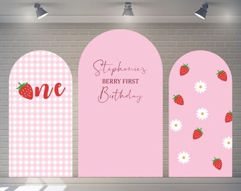 Custom Double-Sided Arch Cover Strawberry Backdrop Birthday Backdrop Baby Shower Photography Personalized Berry First Party Background