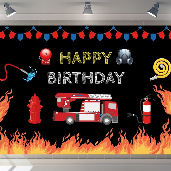Custom Baby Shower Backdrop Firemen Backdrop Happy Birthday Party Decor Photography Boys Fire truck Banner
