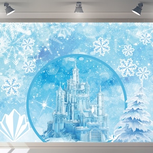 Pano de fundo personalizado para chá de bebê, castelo congelado, feliz aniversário, inverno, neve, decoração de festa, fotografia, banner para meninas