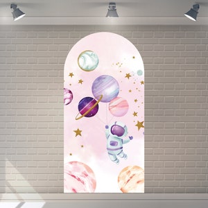 Custom Double-Sided Arch Cover Pink Outer Space Astronaut Birthday Backdrop Baby Shower Photography Personalized Background