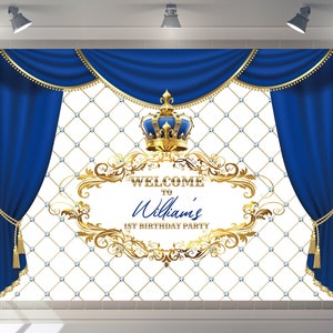 Custom Blue and Gold Carpet Royal Blue Crown Prince Happy Birthday Party Backdrop Baby Shower  Background Photo Booth Photography Banner
