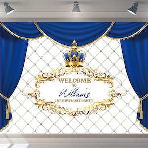 Custom Blue and Gold Carpet Royal Blue Crown Prince Happy Birthday Party Backdrop Baby Shower  Background Photo Booth Photography Banner