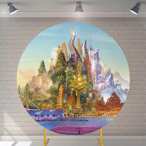 K&ouml;nnte beinhalten: Ein runder Hintergrund mit einer farbenfrohen, futuristischen Skyline einer Stadt mit hohen Geb&auml;uden, &uuml;ppigem Gr&uuml;n und einem strahlend blauen Himmel. Die Stadt ist von einem Gew&auml;sser und einem Sandstrand umgeben.