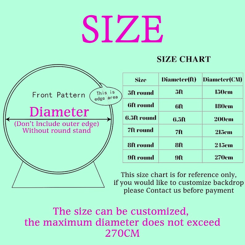 K&ouml;nnte beinhalten: Eine Gr&ouml;&szlig;entabelle f&uuml;r einen runden Hintergrund mit einem Durchmesser von 5 bis 9 Fu&szlig;. Die Tabelle zeigt den Durchmesser in Fu&szlig; und Zentimetern. Der maximale Durchmesser betr&auml;gt 270 Zentimeter. Die Gr&ouml;&szlig;e kann angepasst werden.