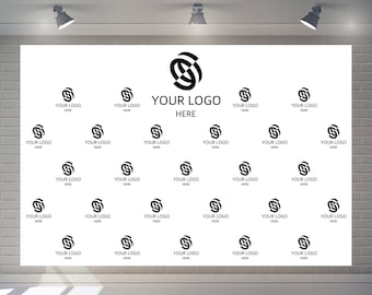 May include: White backdrop with a repeating pattern of a black logo that says "YOUR LOGO HERE" in all caps. The logo is a stylized letter "S" with a circle around it.