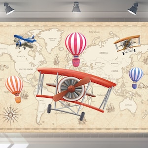 Custom Airplane World Map Happy Birthday Party Backdrop Baby Shower  Background Photo Booth Decor Photography Banner