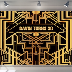 Custom Great Gatsby Backdrop Roaring 20S Gold and Black Banner Happy Birthday Party Decor Photography Birthday Banner